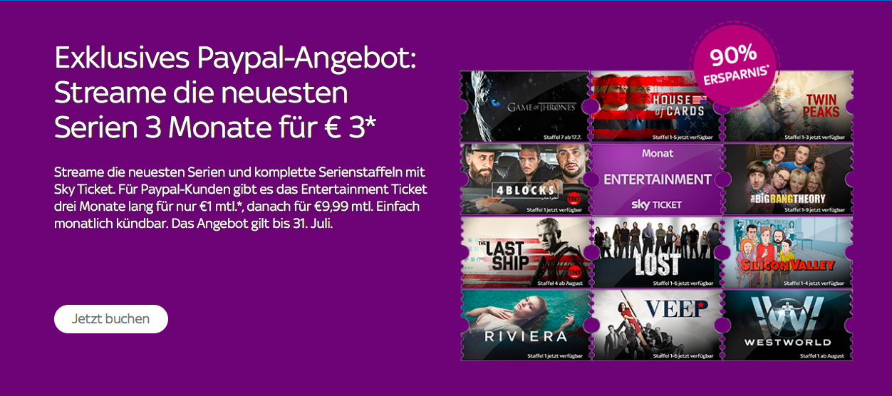 Sky Ticket 3 Euro für 3 Monate - Entertainment - PayPal