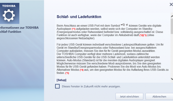 Toshiba Schlaf und Ladefunktion